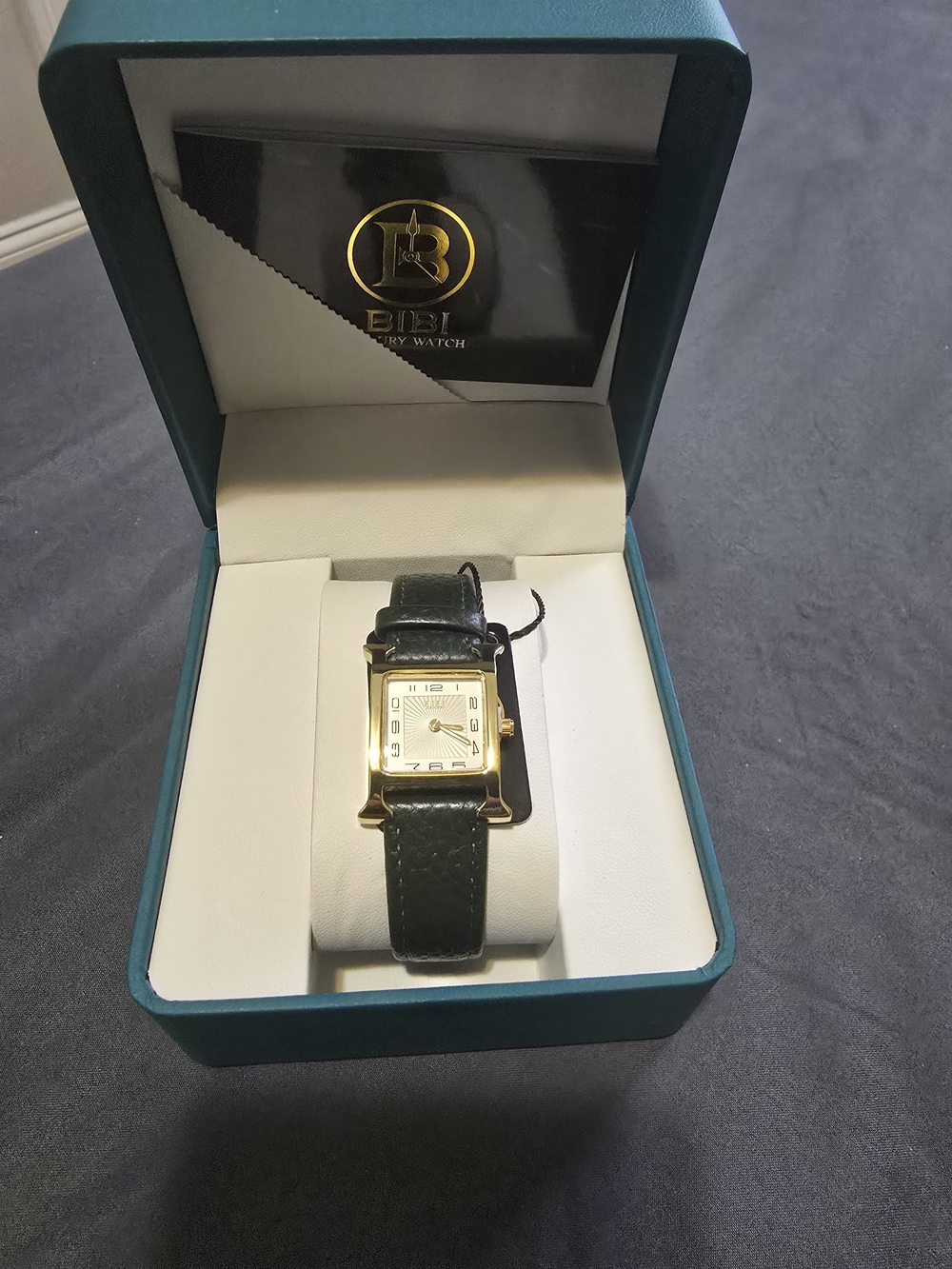 BiBi Gold-Tone Rectangular Watch with Dark Green Strap and White Dial